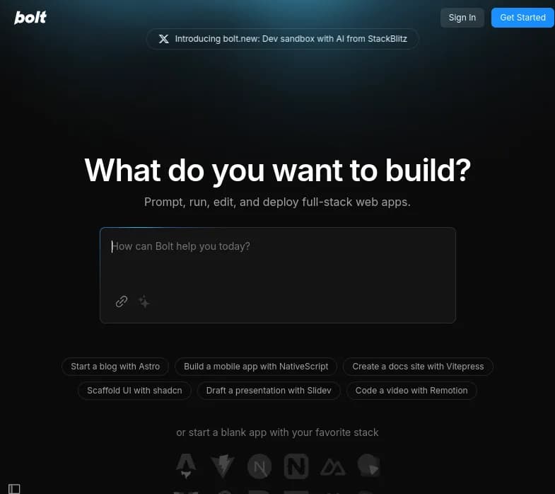 Screenshot of app Bolt New : Découvrez bolt.new, votre outil IA pour un développement web simplifié. Créez, éditez et déployez des applications avec facilité. 