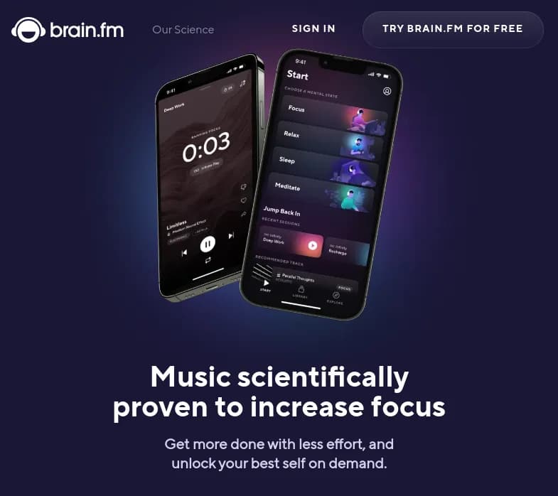 Screenshot of app Brain.fm  : Découvrez Brain.fm, application révolutionnaire optimisant votre productivité grâce à la musique fonctionnelle. Ici, science et sérénité fusionnent. Testez gratuitement 