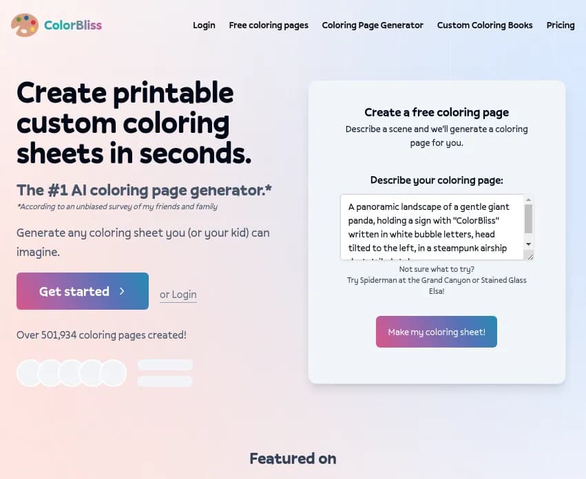 Découvrez ColorBliss, le générateur de pages à colorier par IA. Créez des œuvres d'art uniques à partir de vos idées, photos ou croquis. Idéal pour les enfants!

