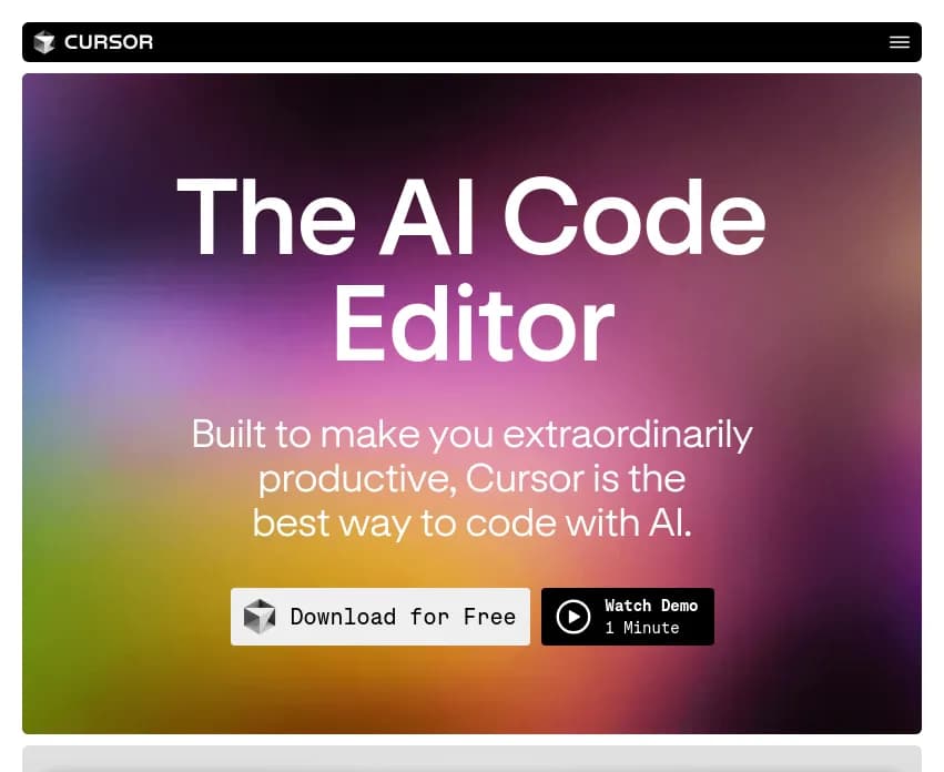 Screenshot of app Cursor AI : Découvrez Cursor, l'éditeur de code IA révolutionnaire qui maximise la productivité des développeurs. Sécurité SOC 2, intégration fluide et anticipation des besoins.