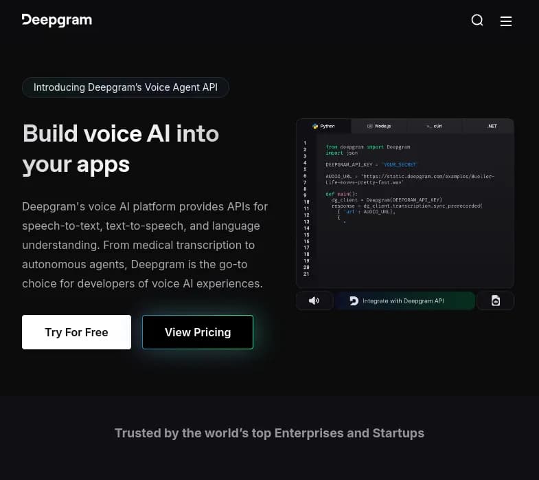Screenshot of app DeepGram : "Découvrez Deepgram, l'innovateur en solutions vocales IA pour entreprises. Transformez parole en texte avec précision. Essayez gratuitement avec 200$ crédits."