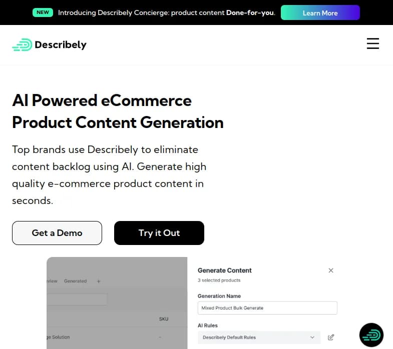 Screenshot of app Describely : Découvrez Describely, l'outil IA pour du contenu e-commerce efficace. Créez rapidement des descriptions produit SEO-amicales. Rejoignez des géants comme Target. 
