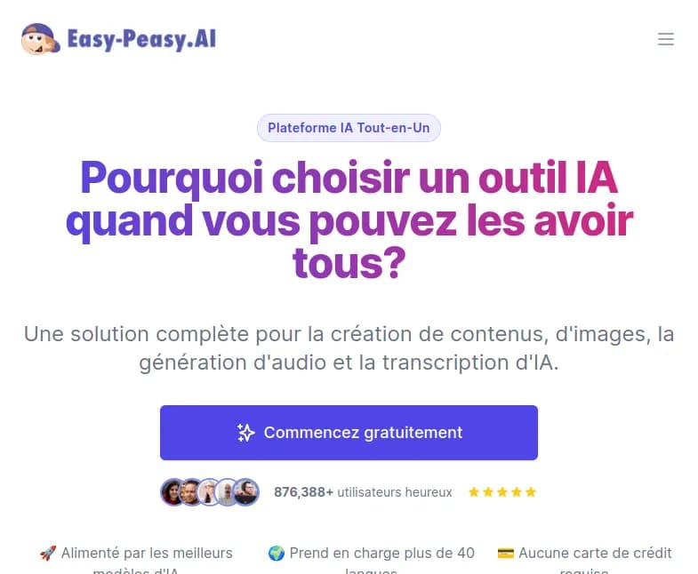 Screenshot of app Easy Peasy : Boostez votre créativité avec Easy-Peasy.AI, votre IA pour générer des contenus uniques en 40 langues. Découvrez ses 290 modèles - sans carte de crédit nécessaire!