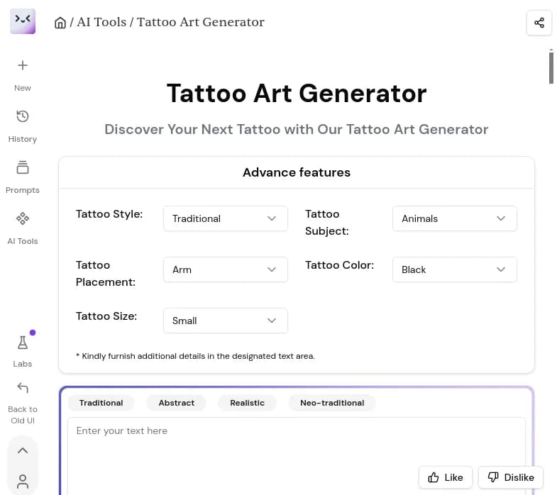 Découvrez Tattoo Art Generator, l'outil IA innovant pour créer des tatouages uniques. Prévisualisez, personnalisez et racontez votre histoire. 