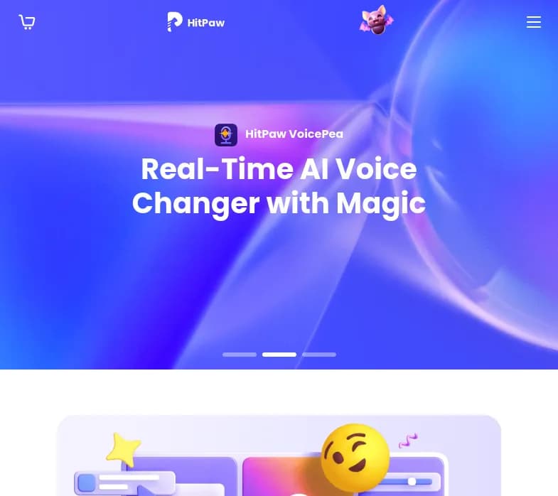 Screenshot of app HitPaw : "Découvrez HitPaw, la plateforme IA pour la création multimédia. Éditez vidéos, transformez votre voix, traduisez en masse et améliorez vos photos facilement."