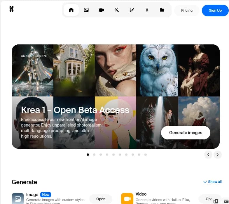 "Découvrez Krea AI, une plateforme innovante pour la création d'images, vidéos, objets 3D grâce à l'IA. Expérimentez la création numérique autrement !"