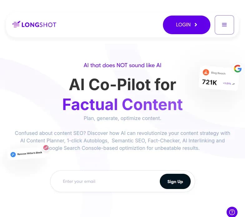 Screenshot of app LongShot : Découvrez LongShot AI, l'assistant de contenu SEO utilisé par Amazon et Huawei. Générez du contenu de qualité, vérifiez les faits et améliorez votre SEO. 