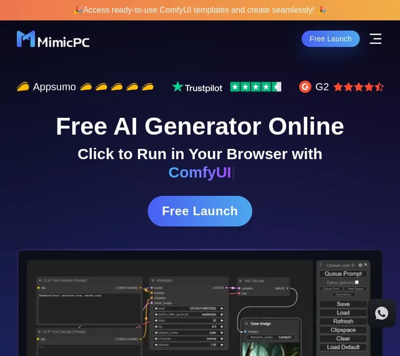 Screenshot of app Mimic PC : "Découvrez Mimic PC, votre partenaire Cloud pour des créations IA simplifiées. Aucune installation nécessaire, collaborez et créez des images haute qualité facilement !"