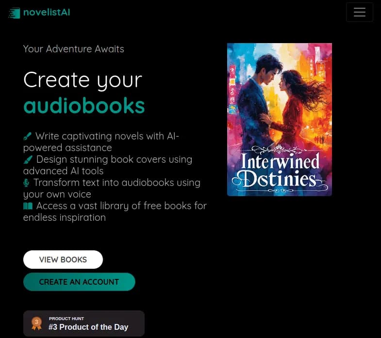 Screenshot of app Novelist AI : "Découvrez NovelistAI, votre partenaire d'écriture assistée par IA. Créez, illustrez et partagez des œuvres littéraires captivantes dans plus de 30 langues. Essayez-le !"