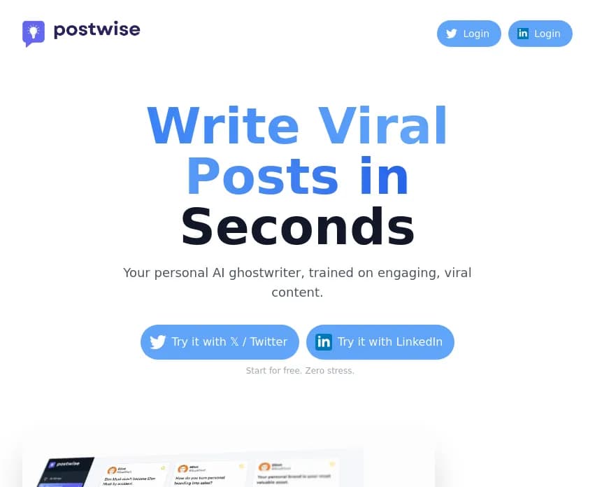 Screenshot of app Post Wise : Transformez vos publications Twitter et LinkedIn avec Postwise. Gagnez du temps et améliorez votre impact grâce à l'IA qui génère du contenu viral en un clic. 