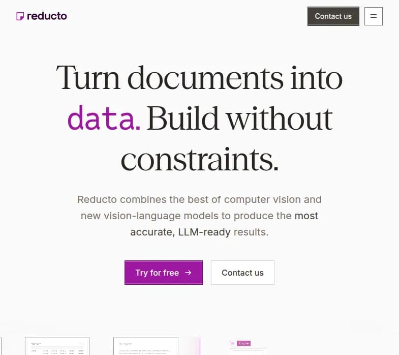 Screenshot of app Reducto AI : "Découvrez Reducto AI, l'outil révolutionnaire pour transformer vos documents en données IA. Fiable à 99.9%, utilisé par les leaders du secteur. Essayez-le!"