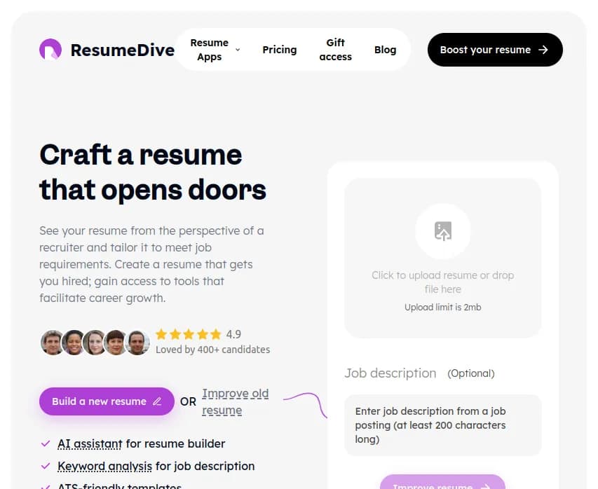 Screenshot of app Resume Dive : Découvrez ResumeDive, un outil IA pour créer et optimiser des CV de qualité ATS. Maximisez vos chances d'être recruté dès maintenant !