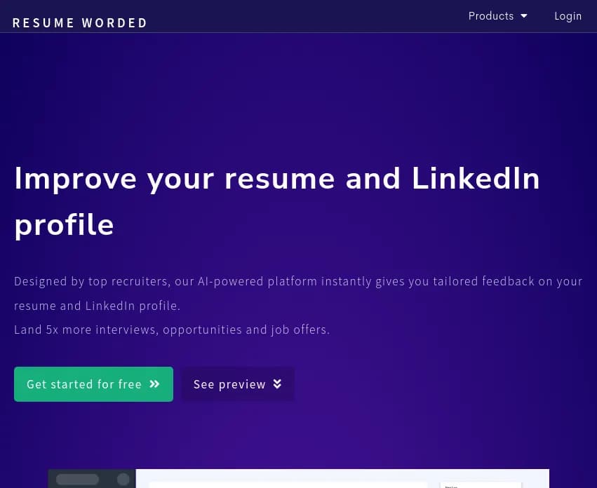 Screenshot of app Resume Worded : Préparez votre carrière avec Resume Worded : un outil révolutionnaire qui optimise CV et profil LinkedIn pour multiplier vos chances de décrocher des entretiens!