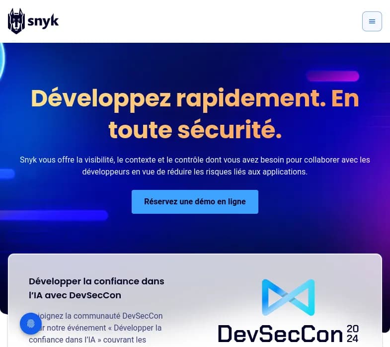 Screenshot of app Snyk : Découvrez Snyk, plateforme innovante qui sécurise vos applications et infrastructures cloud. Intégré à vos outils, son IA priorise les vulnérabilités critiques. 