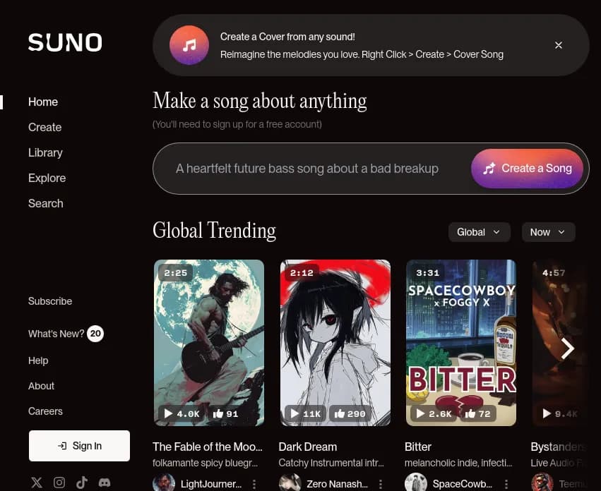 Screenshot of app Suno ai : Découvrez Suno, la plateforme immersive pour créer et explorer des univers sonores uniques. Alliez technologie et créativité pour transformer chaque son en mélodie!