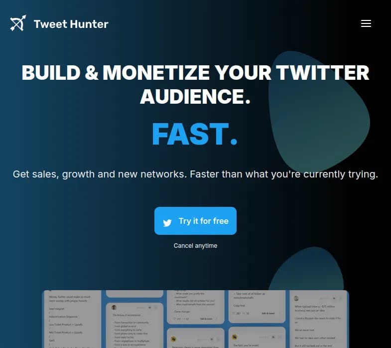 Screenshot of app TweetHunter : Découvrez Tweet Hunter, un outil alimenté par l'IA pour dynamiser et monétiser votre présence sur Twitter. Planifiez, optimisez et engagez avec efficacité. 