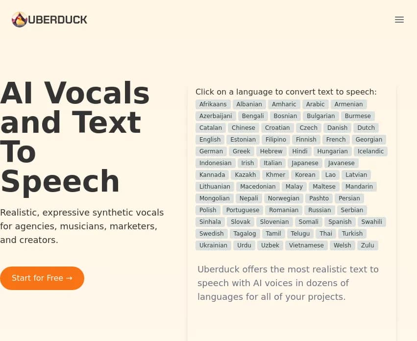 Screenshot of app Uber Duck : Transformez texte en voix réalistes avec Uberduck ! Pour agences, musiciens et créateurs, profitez de l'API, du clonage vocal et de la conversion multilingue. 