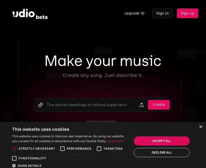Screenshot of app Udio : Découvrez Udio, le révolutionnaire outil d'IA pour la création musicale. Explorez une générateur de musique unique qui allie poésie de notes à la technologie.