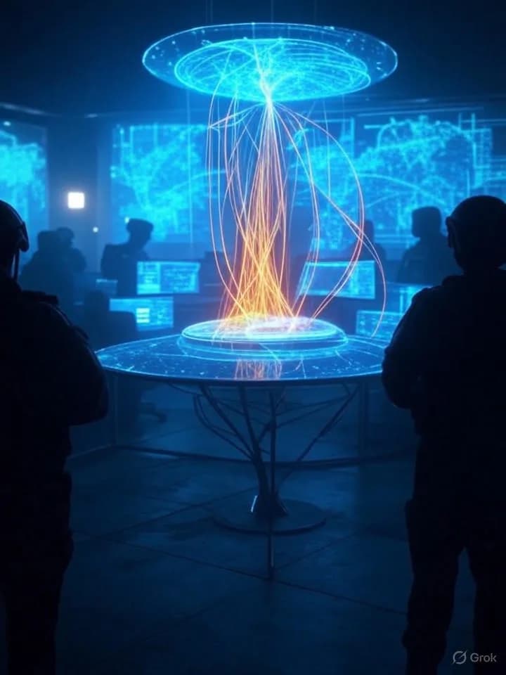 Centre de commandement militaire futuriste avec projections holographiques de réseaux neuronaux et flux de données lumineux