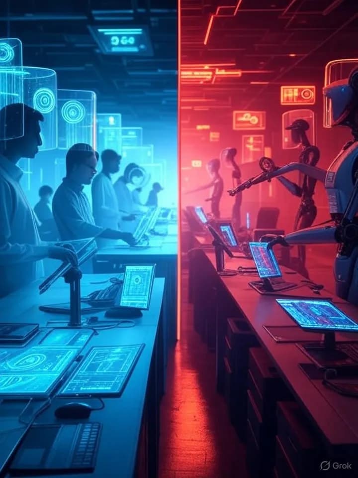 Deux environnements de travail futuristes contrastés séparés par une ligne verticale, l'un aux tons bleus et verts avec des hologrammes collaboratifs, l'autre aux néons rouges et oranges avec des flux de données intenses