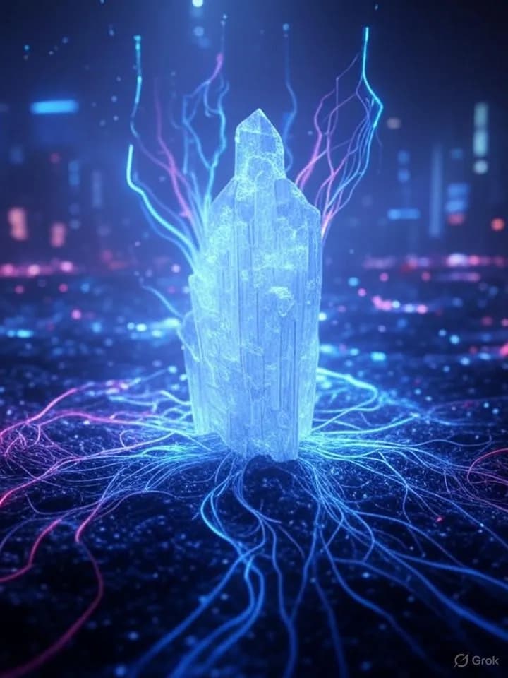 Structure cristalline fragmentée maintenue par des réseaux neuronaux lumineux bleus et violets dans une atmosphère futuriste