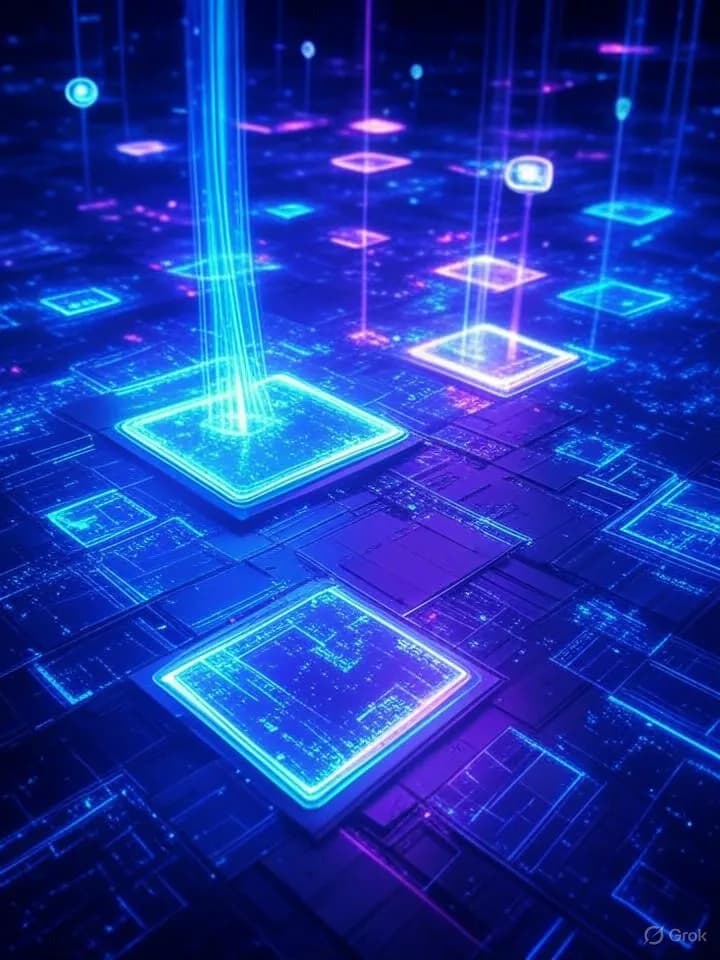 Puces électroniques et modules mémoire flottant dans un espace numérique illuminé de néons bleus et violets avec des flux de données lumineux